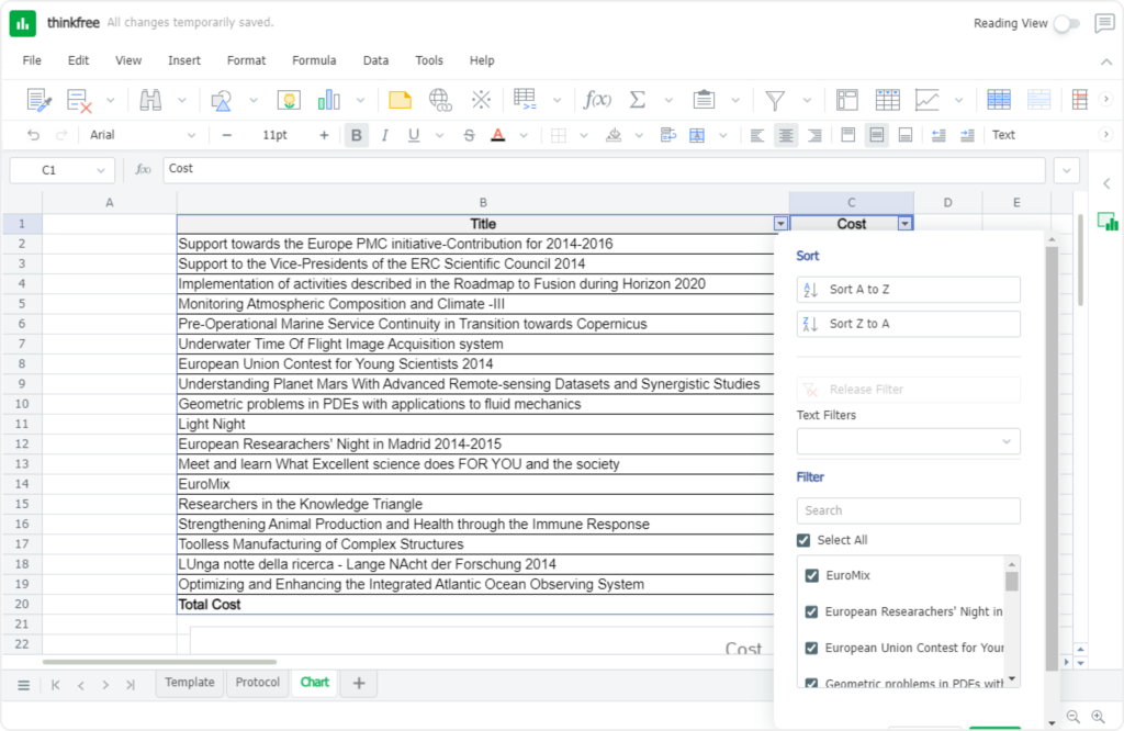 Data sorting and filtering feature of Thinkfree's online spreadsheet