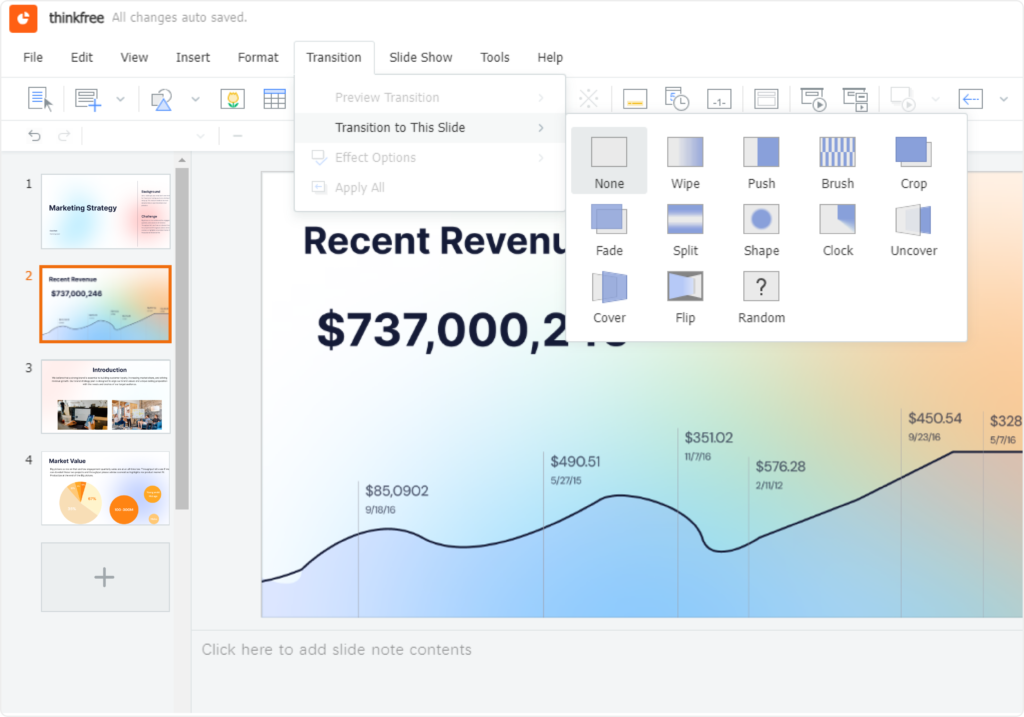 Animations and transition feature of Thinkfree's online presentation