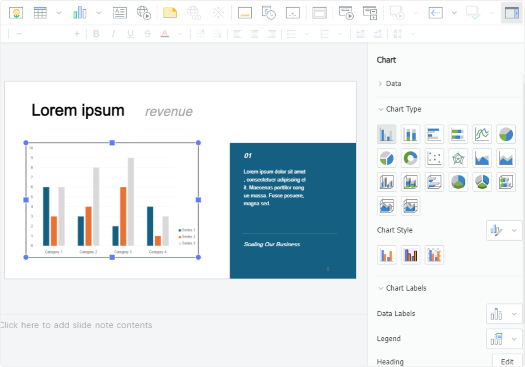 charts and graphs feature of Thinkfree's online presentation