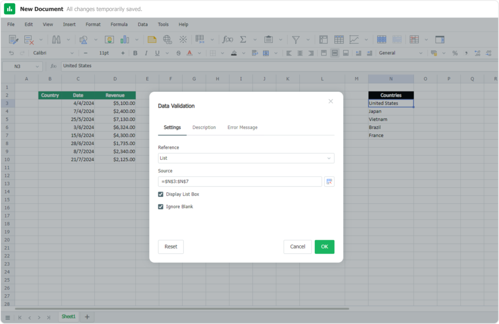 Data validation feature of Thinkfree's online spreadsheet