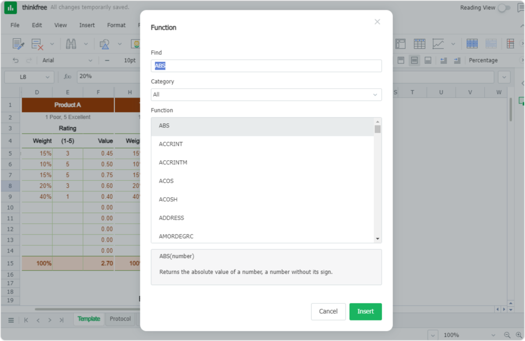 Formulas and functions feature of Thinkfree's online spreadsheet