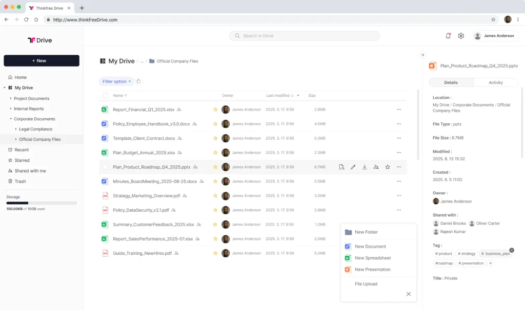 Thinkfree Drive dashboard showing secure self-hosted cloud storage with integrated online office suite