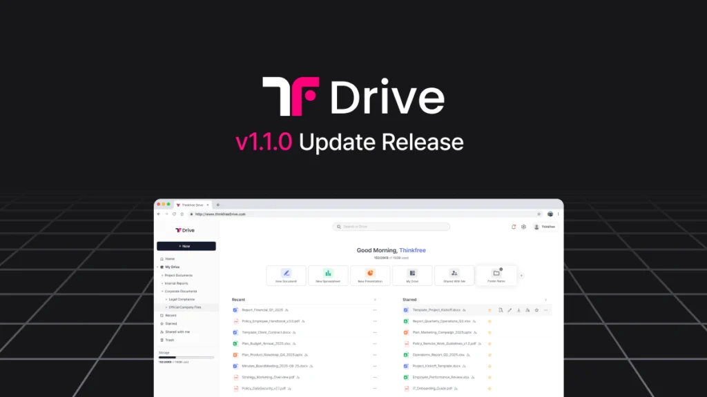A graphic showcasing the Thinkfree Drive v1.1.0 Update Release against a dark grid background. The top features the pink and black logo and "v1.1.0 Update Release" text. The center displays a browser view of the new Drive interface, emphasizing its features as an enterprise self-hosted storage with online office tools integration, multi-server support, and advanced security.