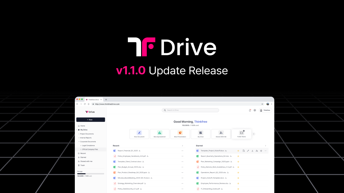 A graphic showcasing the Thinkfree Drive v1.1.0 Update Release against a dark grid background. The top features the pink and black logo and "v1.1.0 Update Release" text. The center displays a browser view of the new Drive interface, emphasizing its features as an enterprise self-hosted storage with online office tools integration, multi-server support, and advanced security.