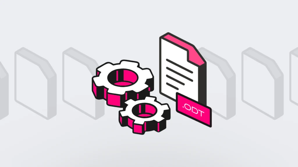 An isometric illustration featuring pink and white gears next to a digital document labeled .odt, representing the technical infrastructure of open document standards and data sovereignty.