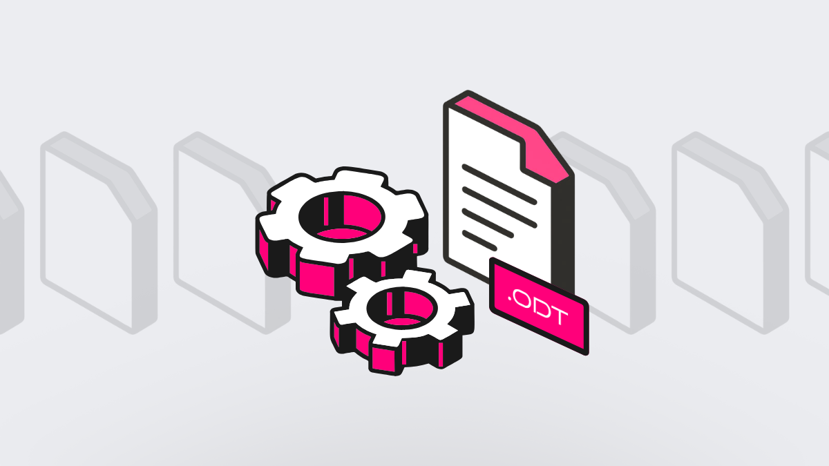 An isometric illustration featuring pink and white gears next to a digital document labeled .odt, representing the technical infrastructure of open document standards and data sovereignty.