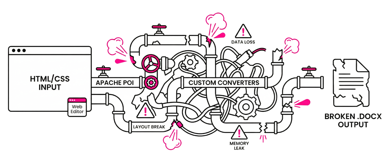 A conceptual diagram of a tangled pipeline representing the technical debt of building an internal document engine. It shows the messy process of converting HTML to binary formats, resulting in layout breaks and memory leaks.