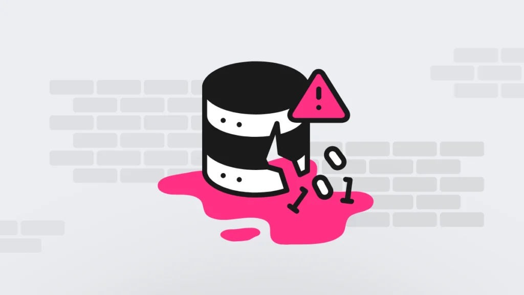 A conceptual illustration of a cracked black-and-white server icon leaking hot pink binary data onto the floor, accompanied by a pink warning sign. This visual represents the failure of public cloud platforms to meet strict data residency requirements and the resulting loss of corporate data sovereignty.