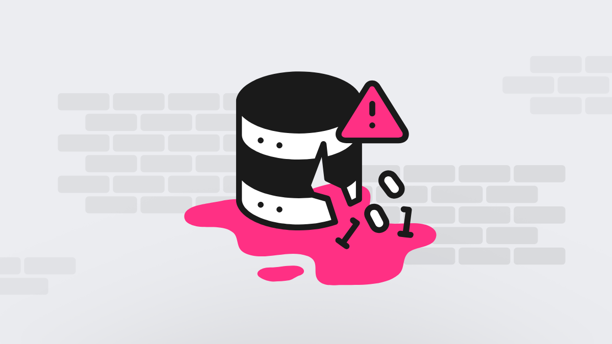 A conceptual illustration of a cracked black-and-white server icon leaking hot pink binary data onto the floor, accompanied by a pink warning sign. This visual represents the failure of public cloud platforms to meet strict data residency requirements and the resulting loss of corporate data sovereignty.