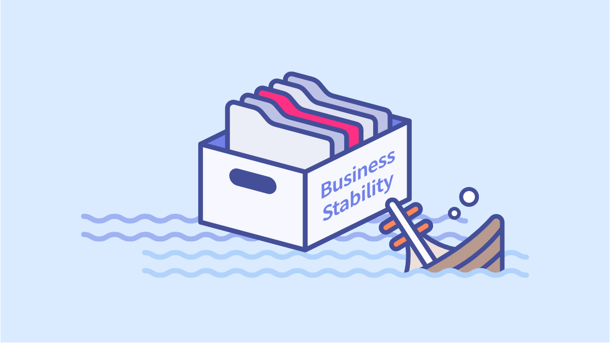 Illustration of a file box labeled 'Business Stability' floating on waves next to a sinking ship, representing the IT infrastructure risks following the Euro-Office fork incident.