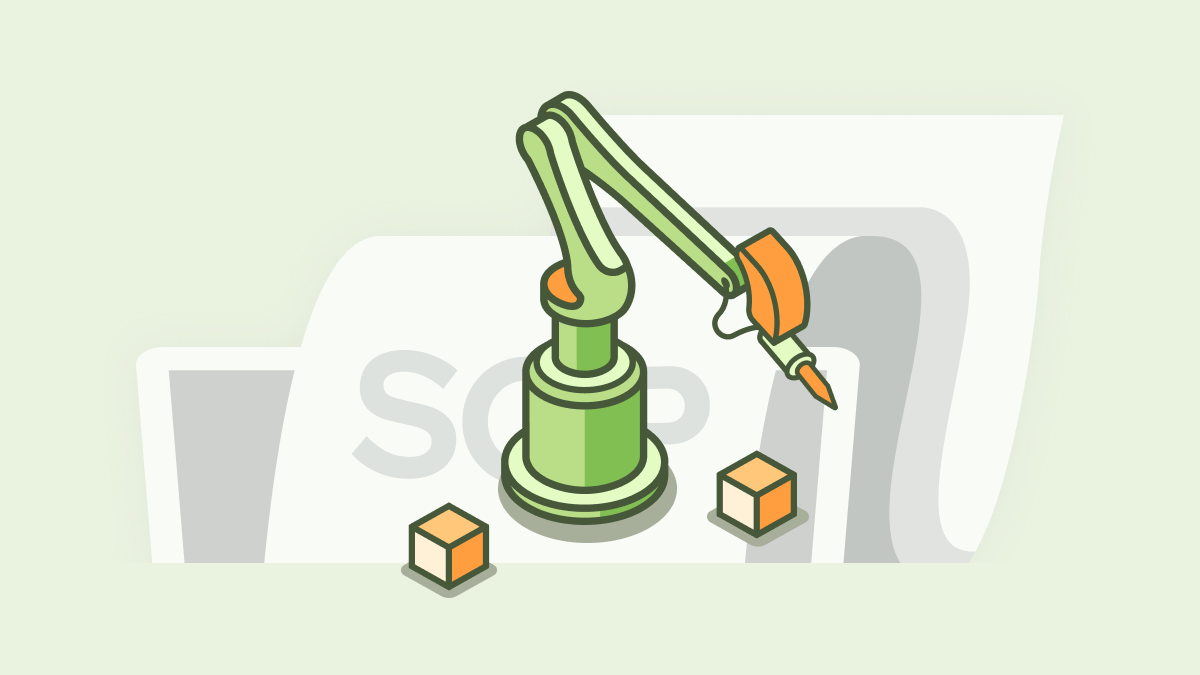 A technical illustration in an isometric style, showing a green robotic arm positioned on a stack of Standard Operating Procedure (SOP) documents. The robot is on the top SOP sheet with a word-processing tool, while two small cubes rest on the documents. This image visualizes the challenge of connecting automated systems with natural workflow procedures.