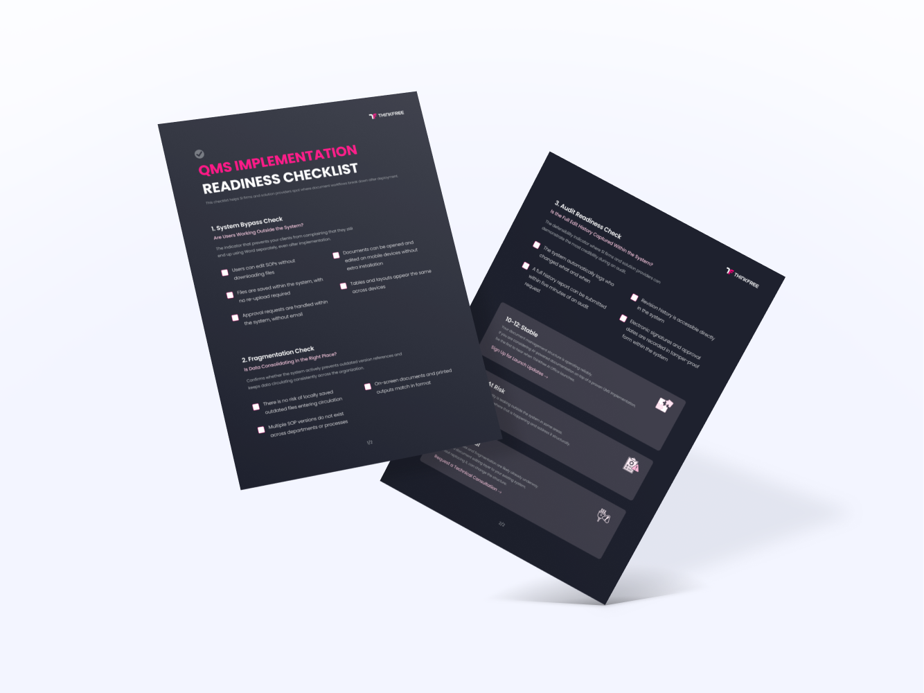 A two-page QMS implementation readiness checklist mockup with dark cover pages and pink accents.