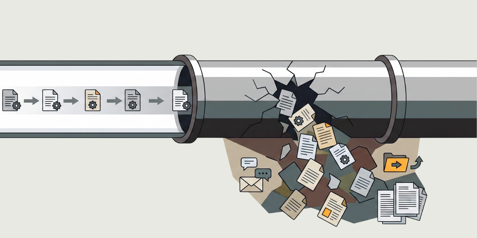 A flat design B2B editorial illustration showing a horizontal pipeline representing a structured QMS workflow. On the left, document icons flow smoothly within the clean pipeline. In the center, a large fracture in the pipe causes documents to spill out into a disorganized pile below. The spilled documents are mixed with icons for emails and local folders, symbolizing system bypass and data fragmentation caused by workflow friction.