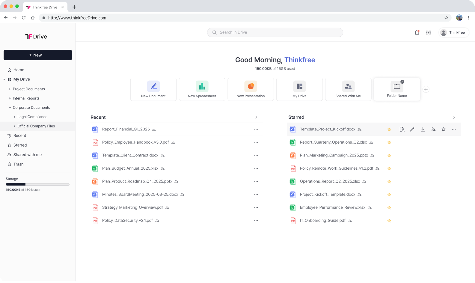 A comprehensive screenshot of the Thinkfree Drive web interface. The dashboard shows a centralized cloud storage system with a navigation sidebar, a top search bar, and organized lists of recent and starred files including documents, spreadsheets, and presentations. It illustrates a clean and professional UI for enterprise document management.