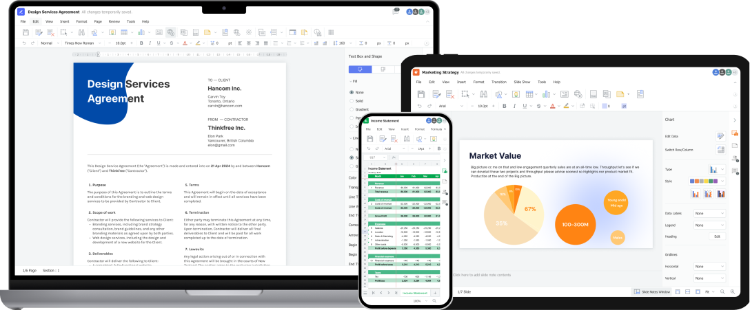An mockup showing Thinkfree Office running seamlessly across a laptop, a tablet, and a smartphone. The laptop displays a word processor document, the tablet shows a presentation slide with charts, and the smartphone shows a spreadsheet. This visual highlights the suite's cross-platform accessibility and consistent user experience on different screen sizes.