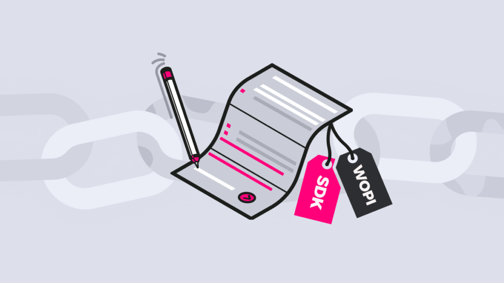 Stylized illustration of a digital document with SDK and WOPI tags, representing secure web office integration on a gray background with chain links.