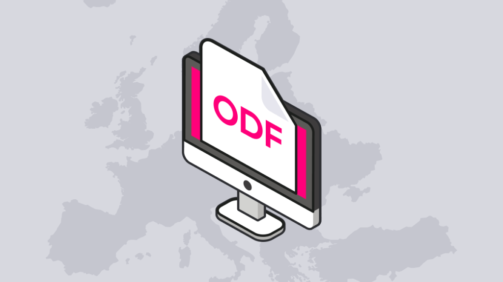 An isometric illustration of an ODF document on a computer screen overlaying a map of Europe, representing the open document format mandate in Germany and EU public administration.