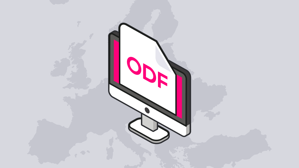 An isometric illustration of an ODF document on a computer screen overlaying a map of Europe, representing the open document format mandate in Germany and EU public administration.
