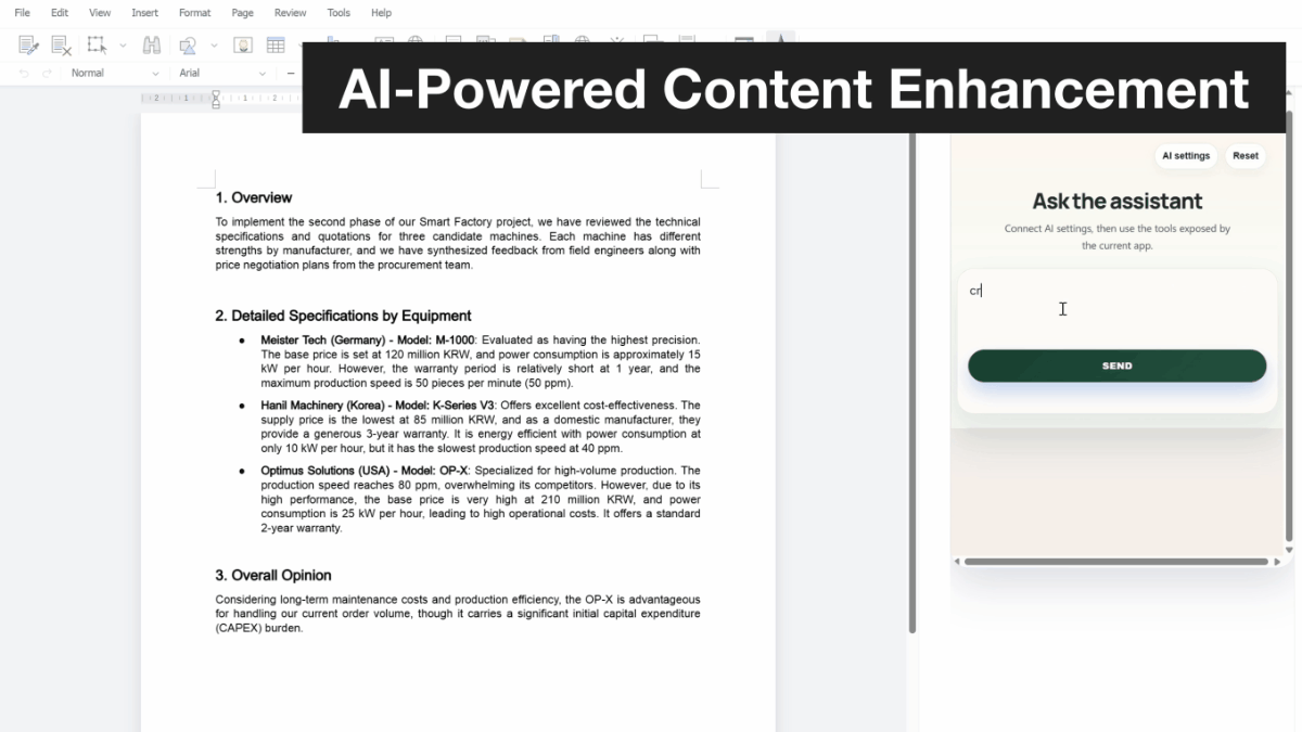 Thinkfree AI Web Office displaying a detailed technical manual with sections on thermodynamic configuration and hydraulic systems, with the TF Agent panel open for contextual editing