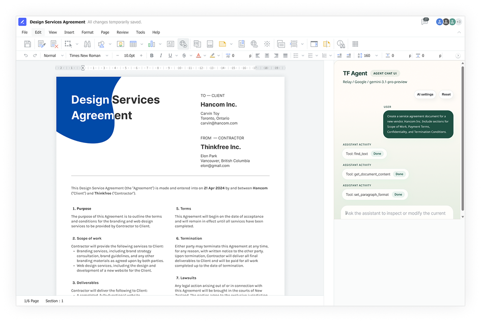 Thinkfree AI Web Office interface showing TF Agent generating a Design Services Agreement for Hancom Inc. with tools including find_text, get_document_content, and set_paragraph_format executed in sequence