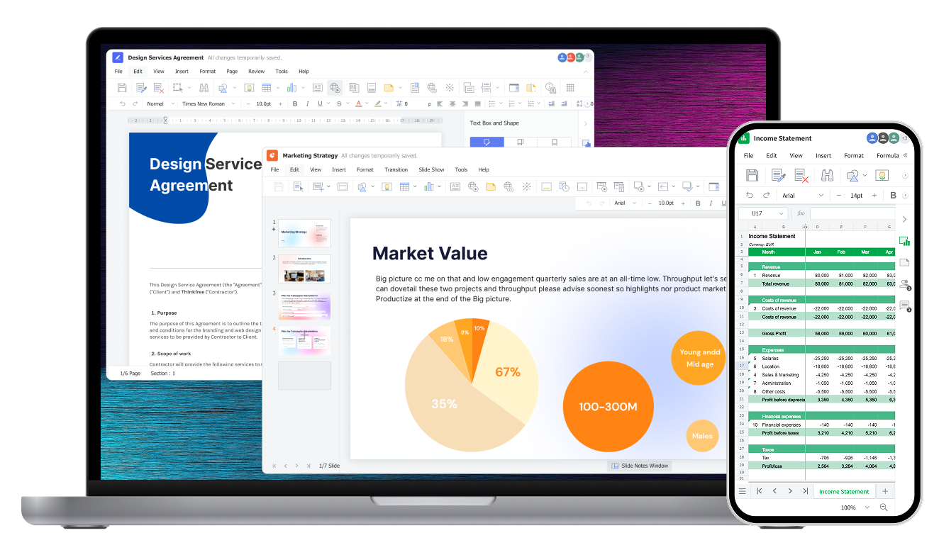Thinkfree Office interface displayed on a laptop and smartphone, showcasing professional word processing, presentation, and spreadsheet editing capabilities in a multi-platform environment.