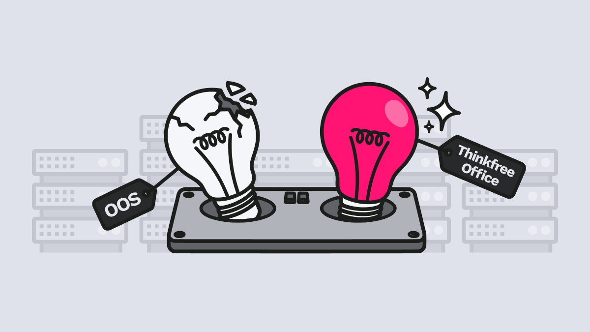 A metaphorical illustration showing a broken white lightbulb labeled 'OOS' being replaced by a bright, glowing pink lightbulb labeled 'Thinkfree Office' in a shared server-style socket. This represents a seamless, infrastructure-compatible replacement for Office Online Server after its End of Life (EOL).