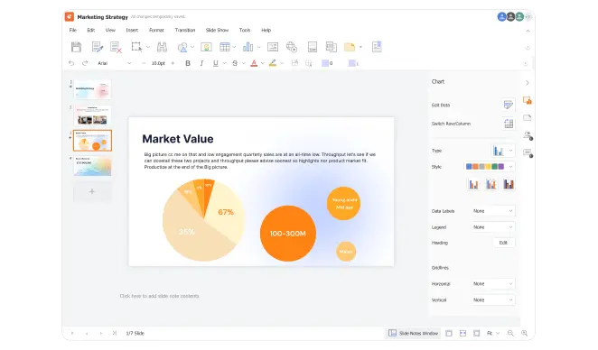 Thinkfree Presentation editor showing a slide deck with on-premise collaboration interface