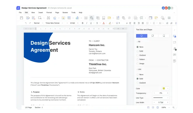 Thinkfree on-premise online word processor interface showing Word-compatible document editing
