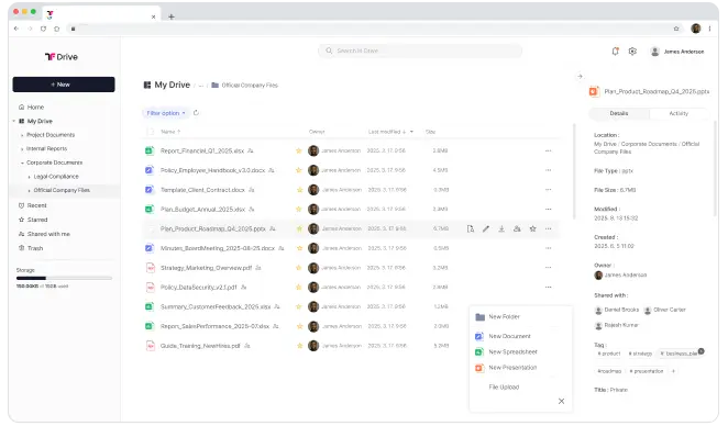 プライベートクラウドストレージとオンラインOffice編集を表示するThinkfree Driveの画面