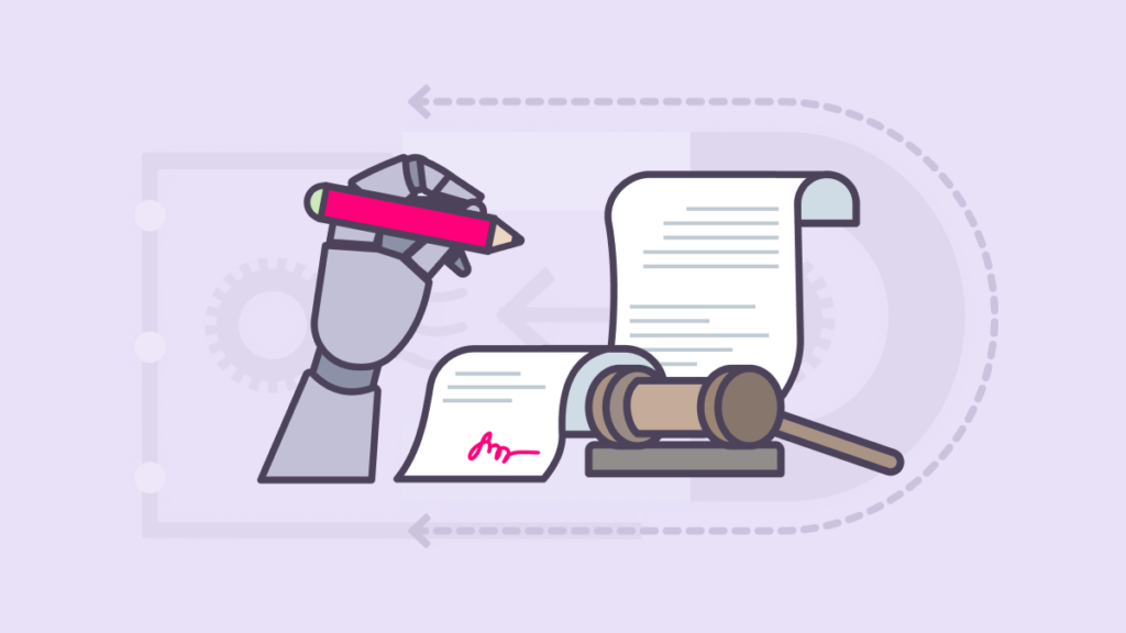 A legal document workflow graphic with pen, papers, and gavel