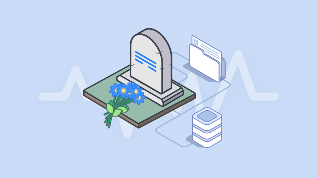 A tombstone representing Atlassian Data Center's end of life, surrounded by file and server icons with a flatlining heartbeat line in the background
