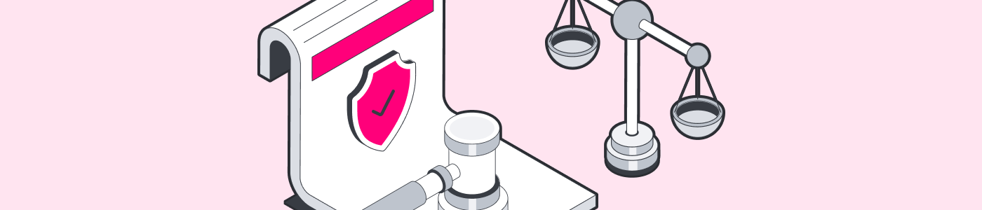 Isometric illustration of a document with a security shield, a judge's gavel, and scales of justice, representing secure document automation for legal SaaS platforms.