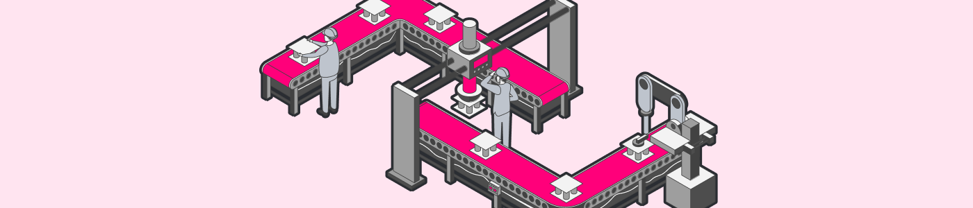 Isometric illustration of factory workers and robotic arms operating a pink conveyor belt, representing document workflow automation in manufacturing and MES environments.