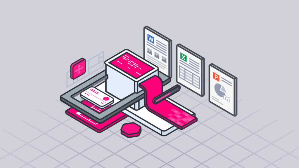 Isometric illustration of document editing technology and office integration components
