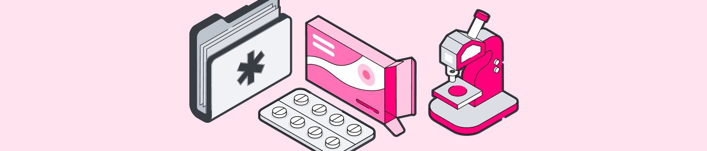 Isometric illustration of a medical folder, pill blister pack, medication box, and a microscope, representing regulatory document automation for pharmaceutical and clinical management.