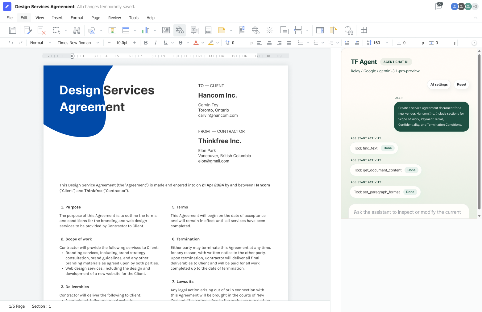 Thinkfree AI Web Office interface showing TF Agent generating a Design Services Agreement for Hancom Inc. with tools including find_text, get_document_content, and set_paragraph_format executed in sequence