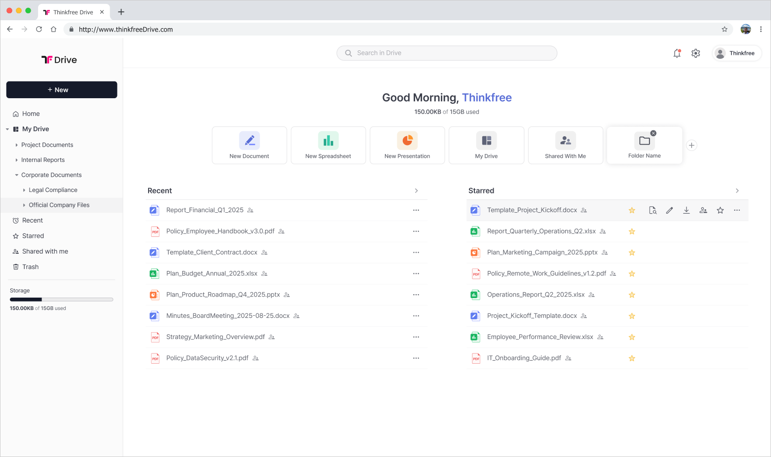 Thinkfree Drive document management dashboard with recent files, starred documents, and folder navigation