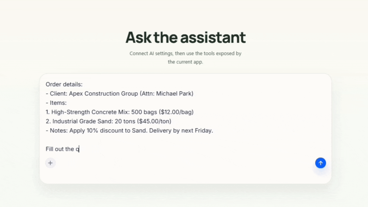 Animated GIF demonstrating Thinkfree AI Web Office as an AI agent dynamically builds and formats a professional business quotation document. The final output displays a structured pricing table with automatic tax calculations, customer details for Apex Construction Group, and a fully editable terms and conditions section.