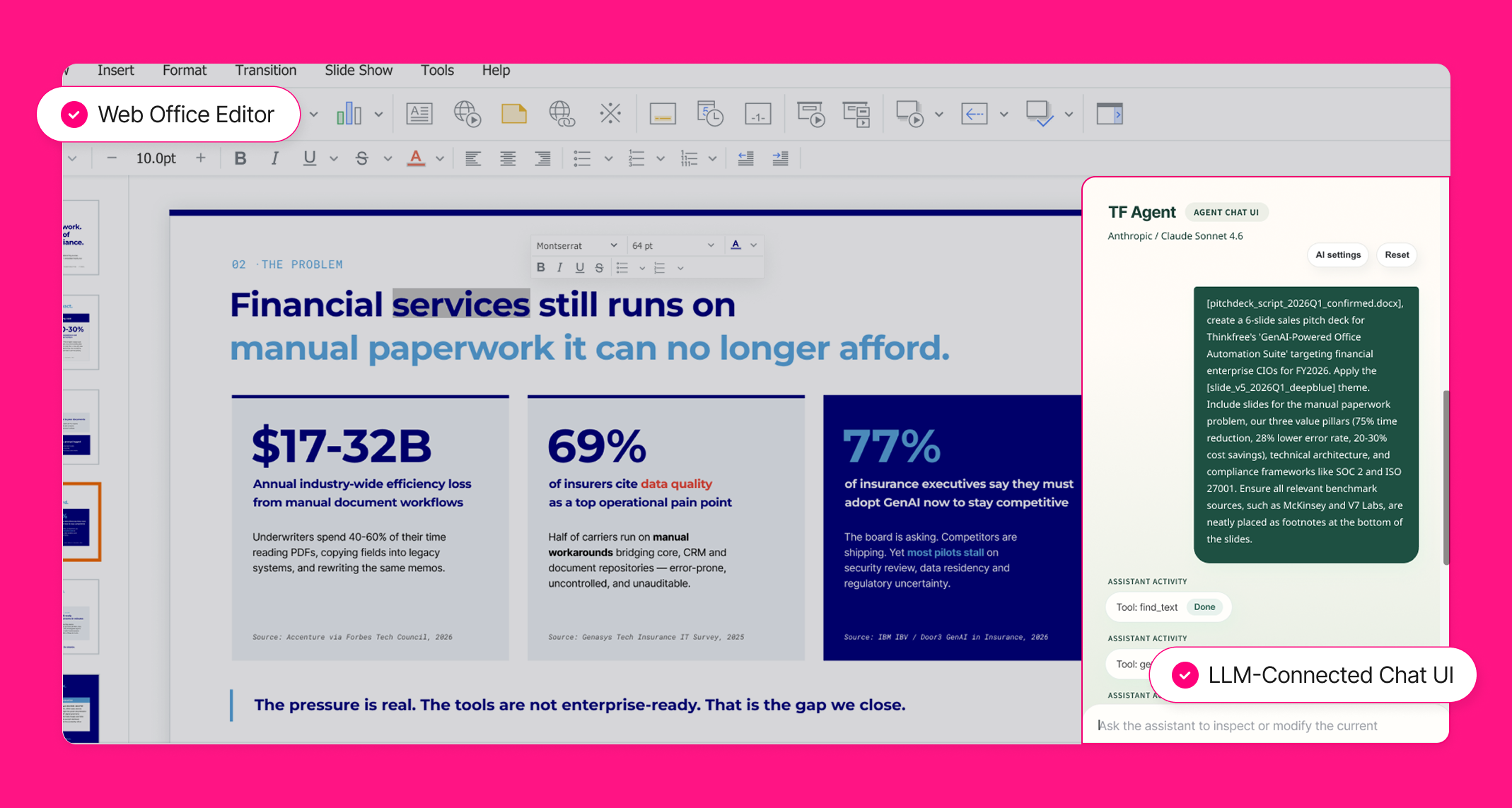 Thinkfree Web Office Editor with Chat UI interface
