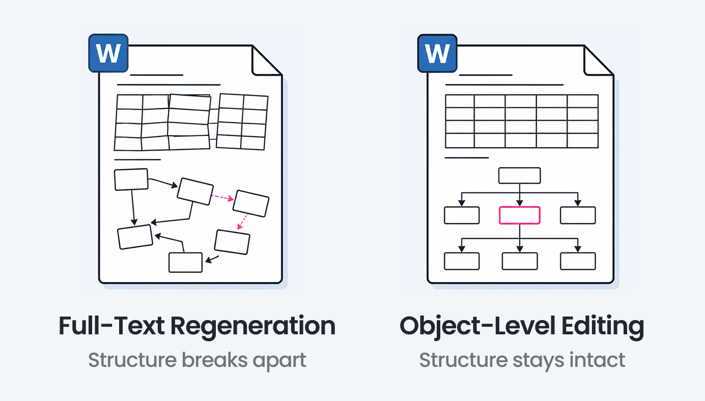 Diagram comparing two DOCX editing approaches: full-text regeneration, which breaks table and flowchart structure, versus object-level editing, which keeps the structure intact