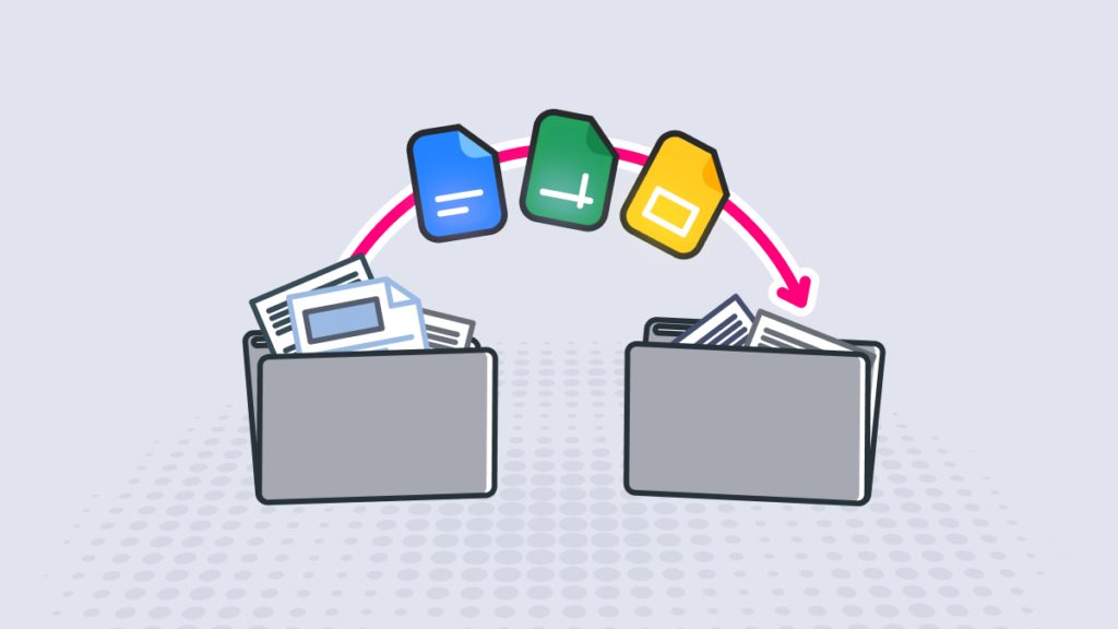 Google Docs, Sheets, and Slides icons moving between two file folders, illustrating document file exchange between organizations