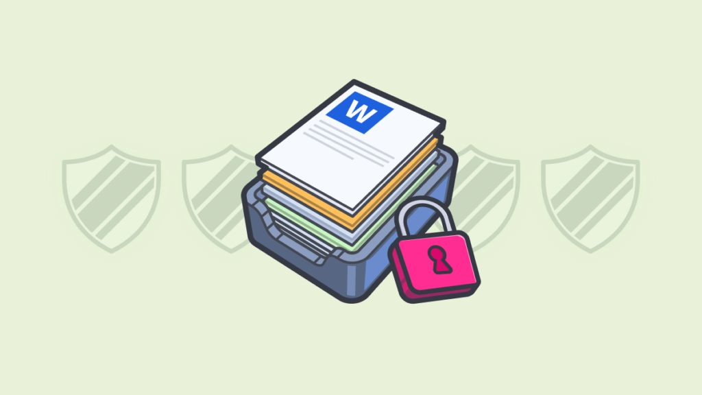 Illustration of a pink padlock securing a stack of Word documents, representing protected DOCX formatting during AI editing