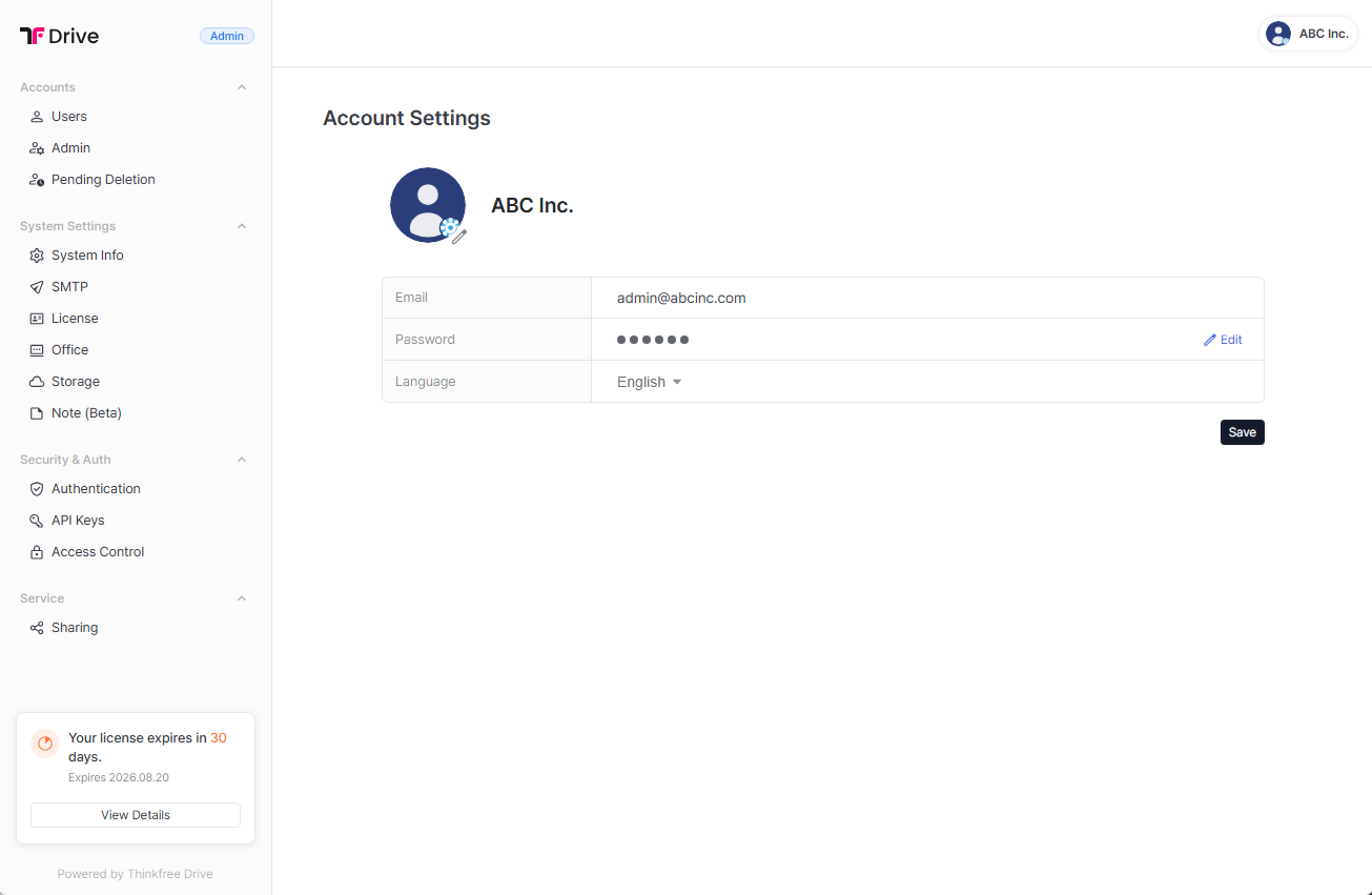 Thinkfree Drive Account Settings page showing email, password, and language options