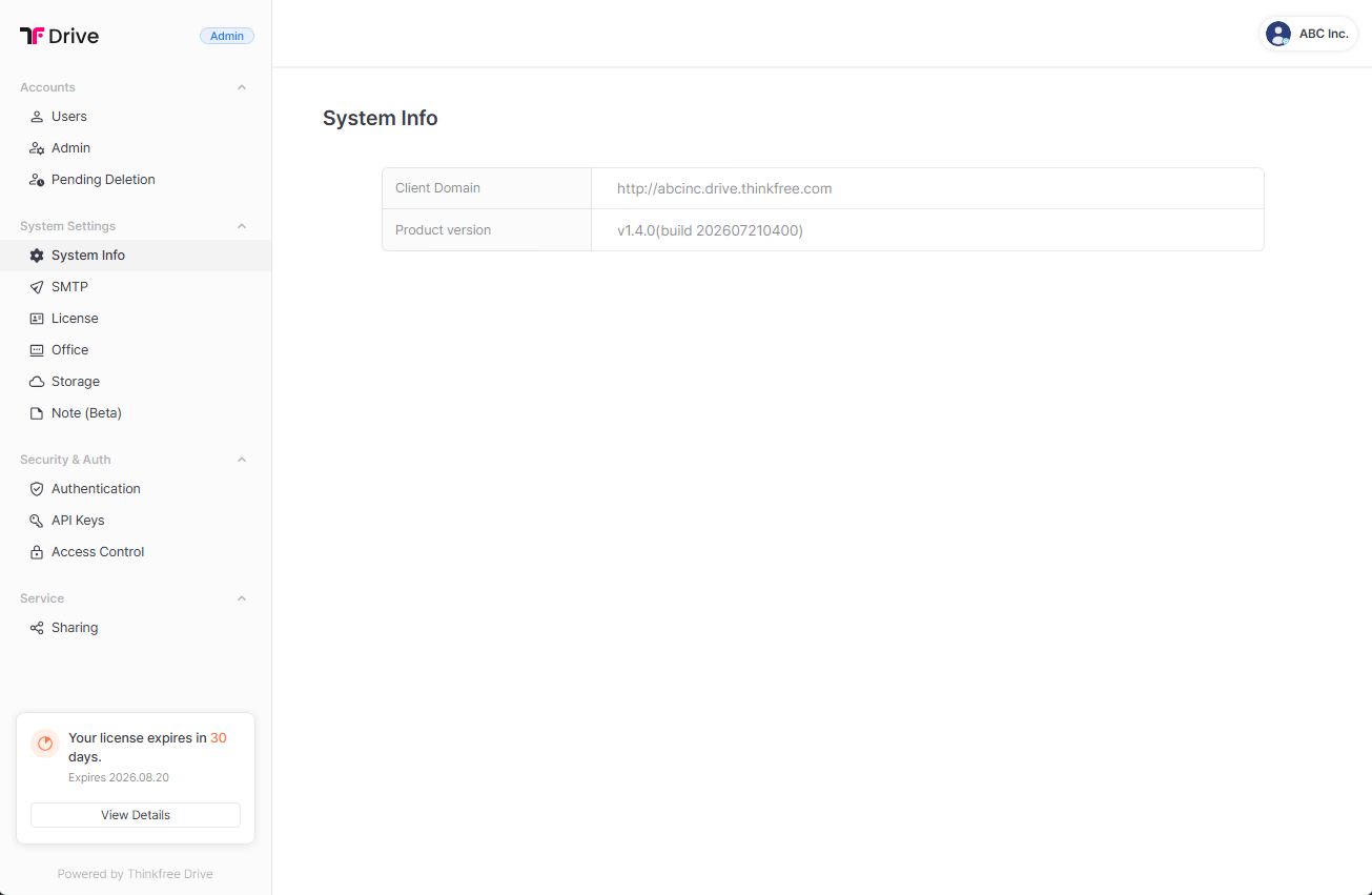 Thinkfree Drive admin System Info page showing client domain and product version