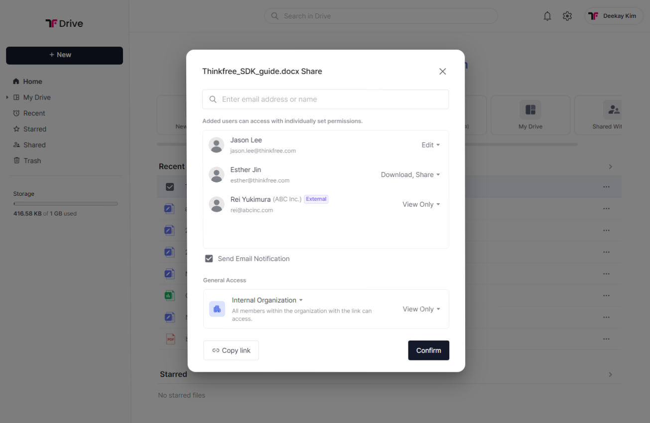Interface for Thinkfree Drive, screenshot showing the file sharing dialog with individual user permissions and general access settings