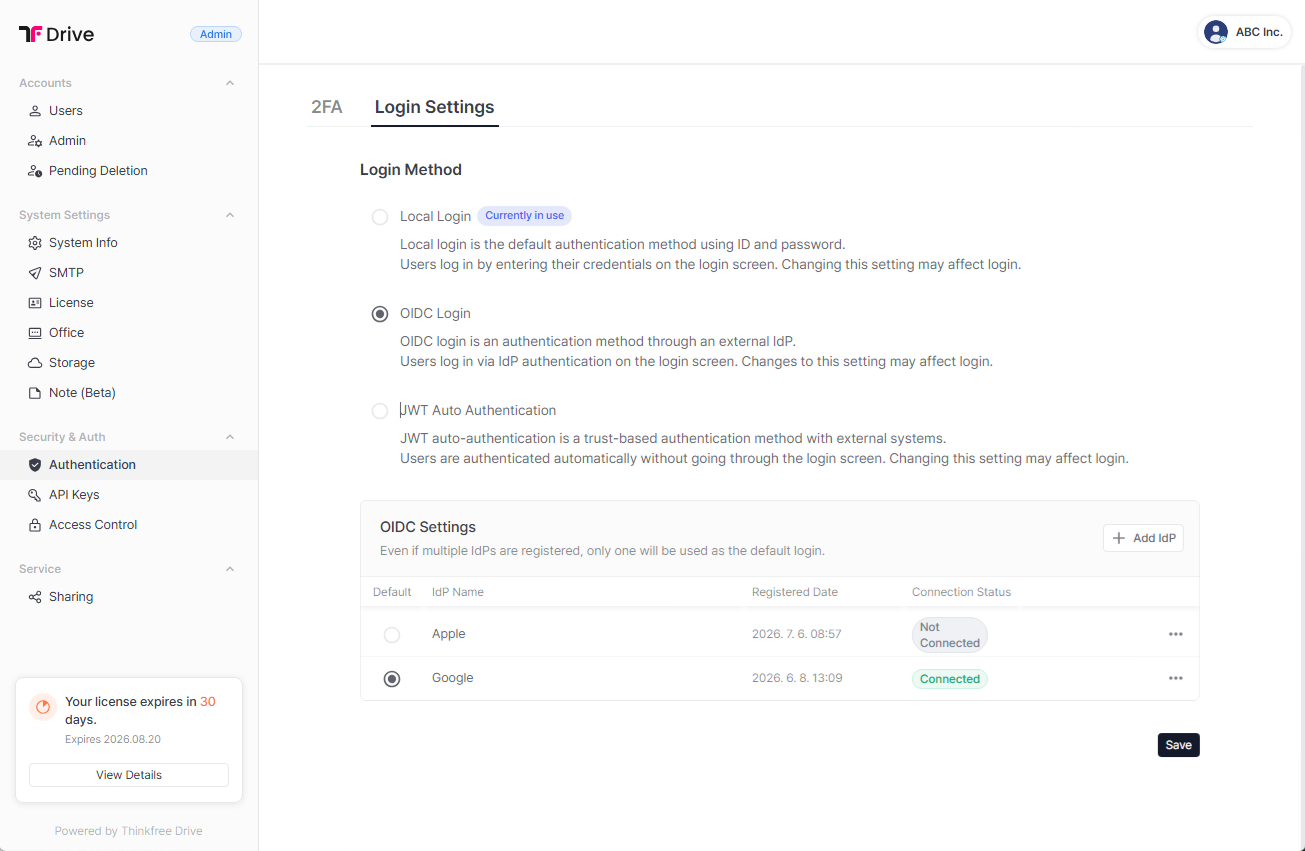 Thinkfree Drive Login Settings page showing OIDC login option and connected identity providers