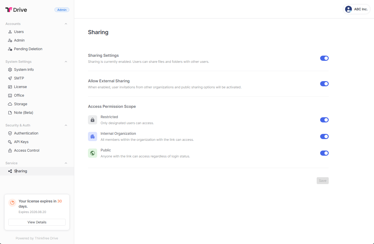 Thinkfree Drive Sharing settings page with external sharing and access permission scope controls