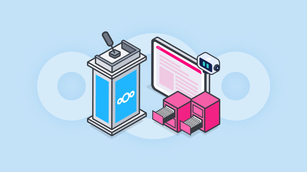 Isometric illustration of a Nextcloud podium beside document filing cabinets and a monitor, representing data sovereignty and agent-ready document infrastructure