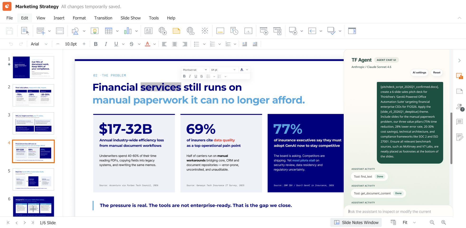 AI chat agent editing a pitch deck live inside Thinkfree Office. (Online Presentation)