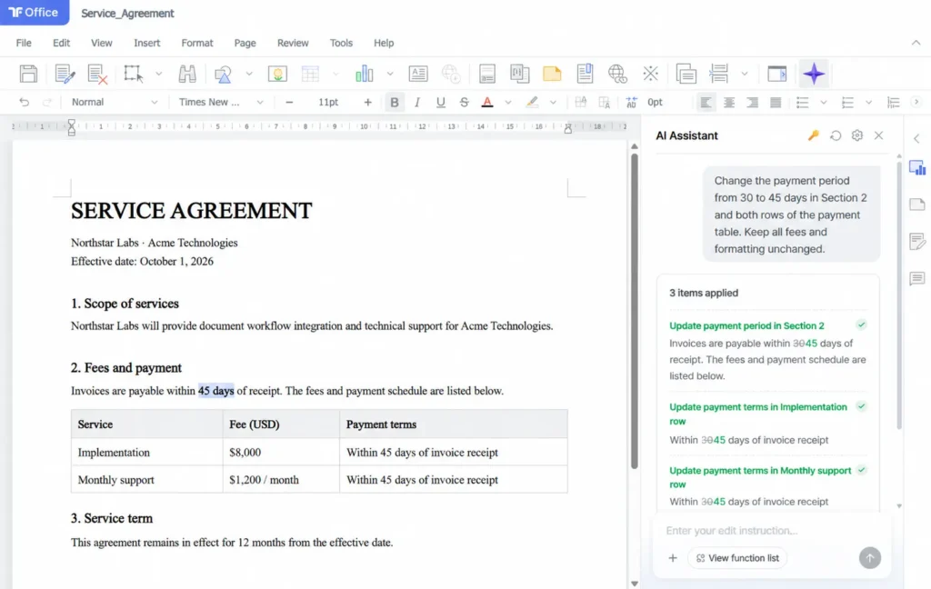 Thinkfree Office AI Assistant updating payment terms in a service agreement